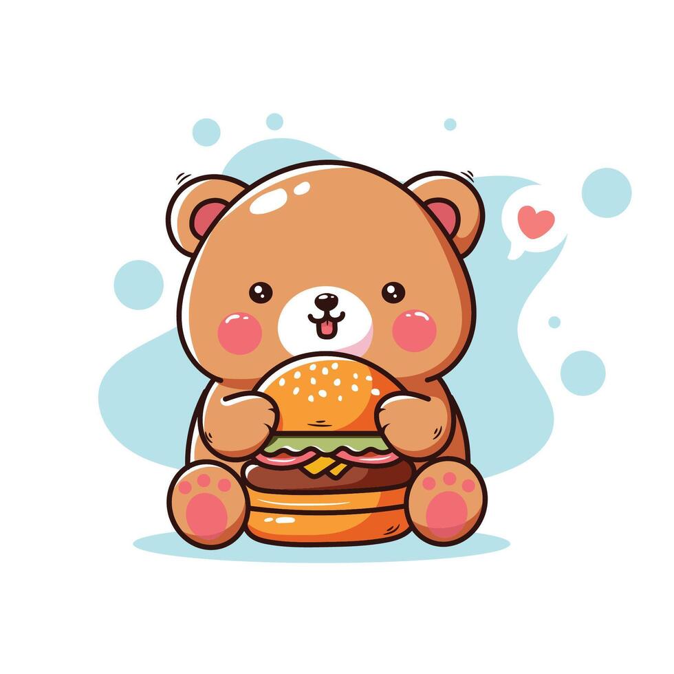 Cute teddy bear with a big hamburger. cartoon illustration. vector