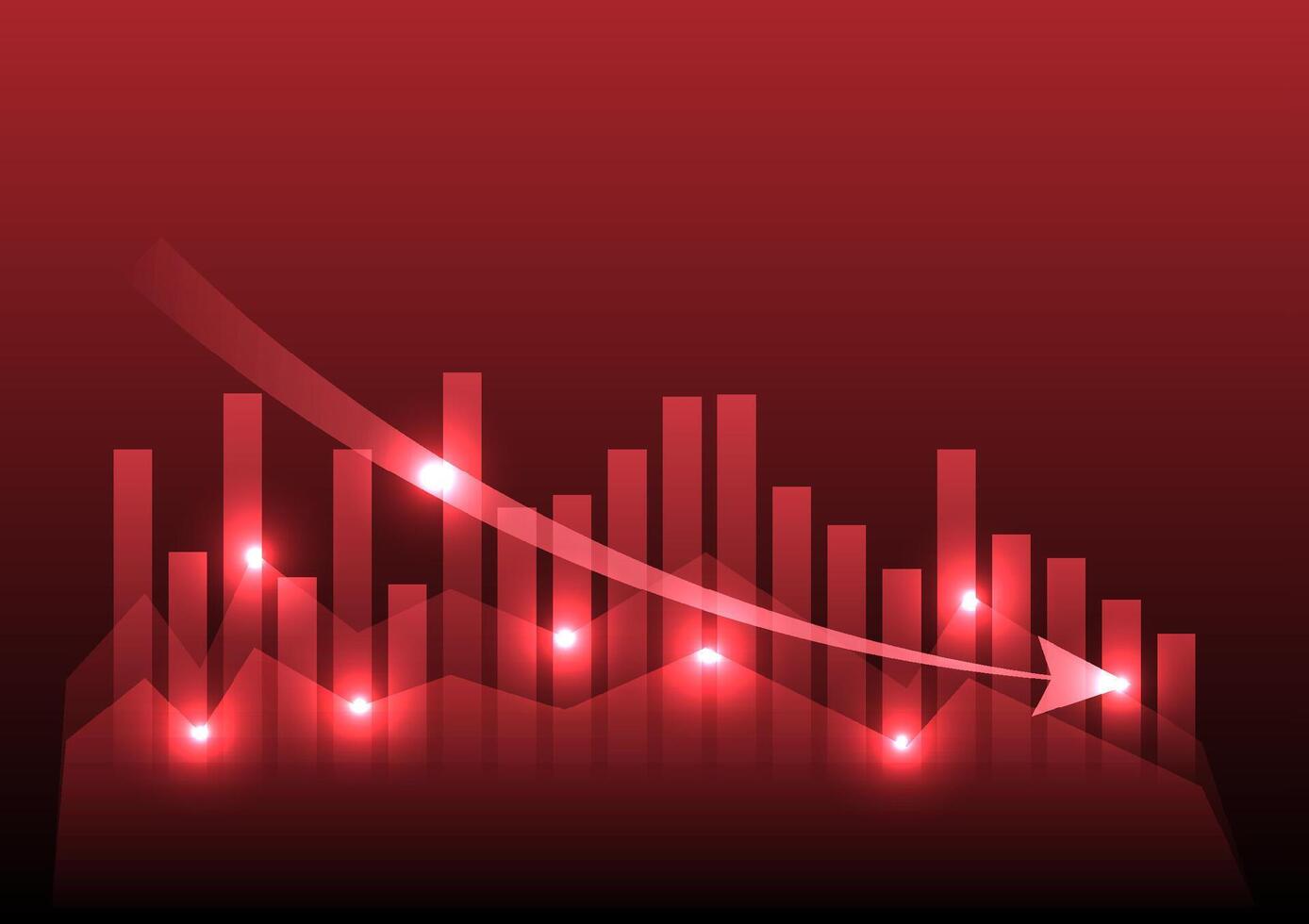 Economic critical crisis concept. The lower line graph and shiny on red background. Recession financial, cryptocurrency, gold, and the stock market. Losing money and cash. vector