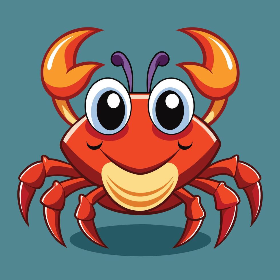 A cheerful red crab with large eyes and claws stands against a bright yellow background, showcasing its playful character in an animated style vector