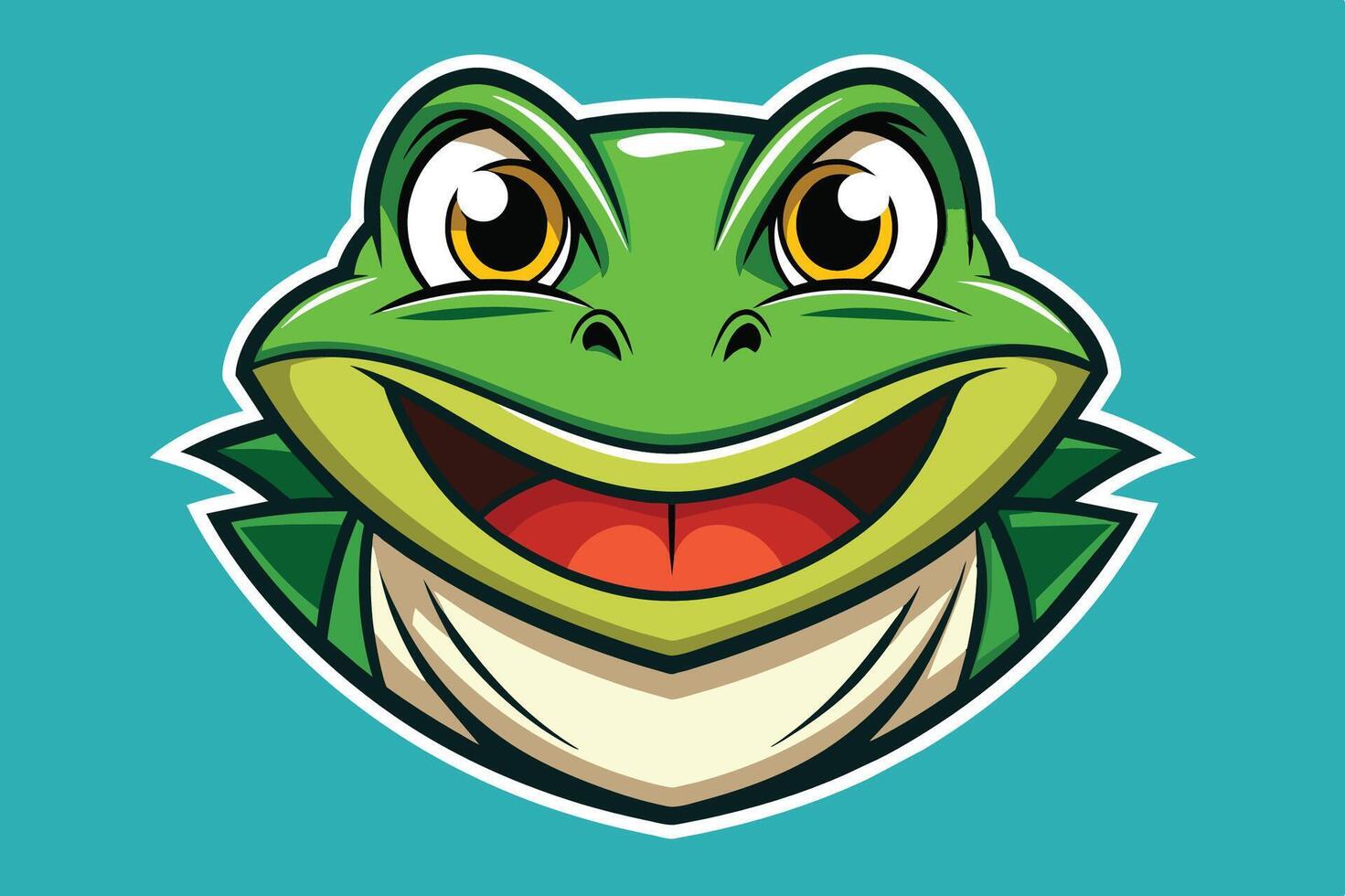 A cheerful green frog with large eyes is set against a vibrant green background, highlighting its playful expression and smooth skin vector