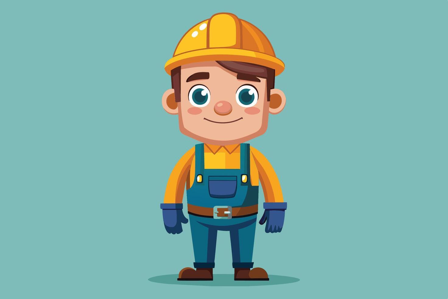 Cartoon character dressed as a construction worker with a yellow hard hat and blue overalls on a teal background vector