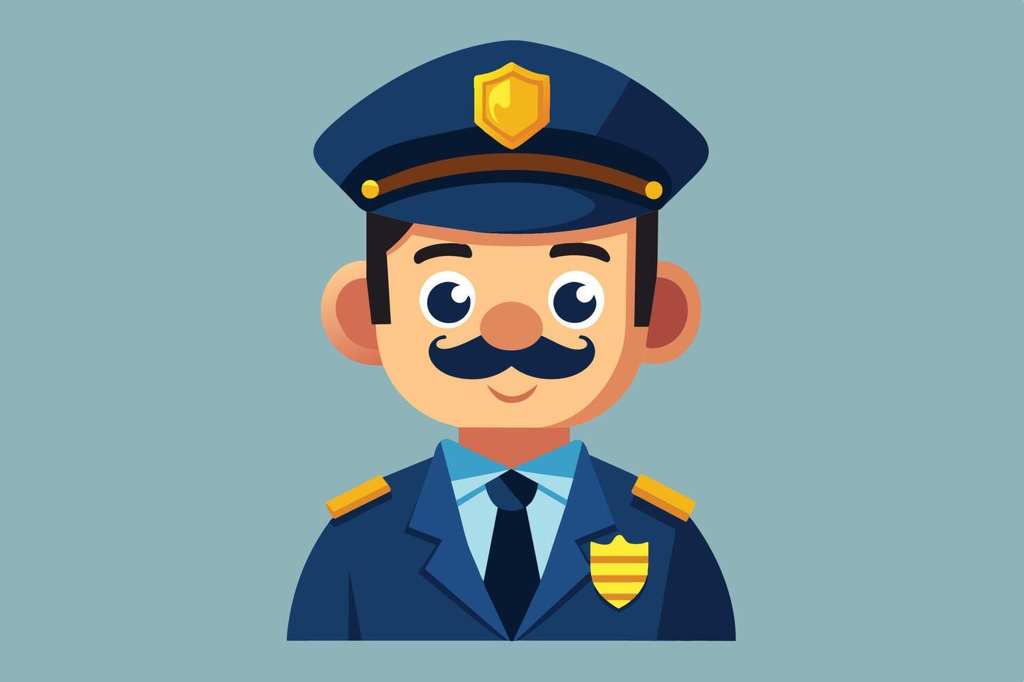A cartoon police officer stands confidently with a cap, uniform, and badge against a bright yellow background, radiating authority and friendliness vector
