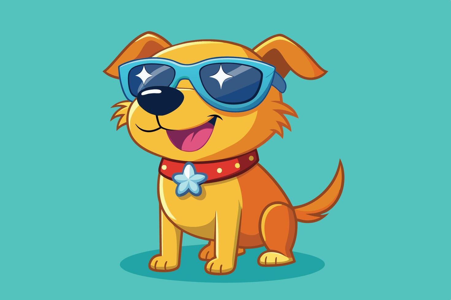 Cute cartoon dog wearing sunglasses and a collar sits happily against a bright turquoise background in a cheerful and playful pose vector