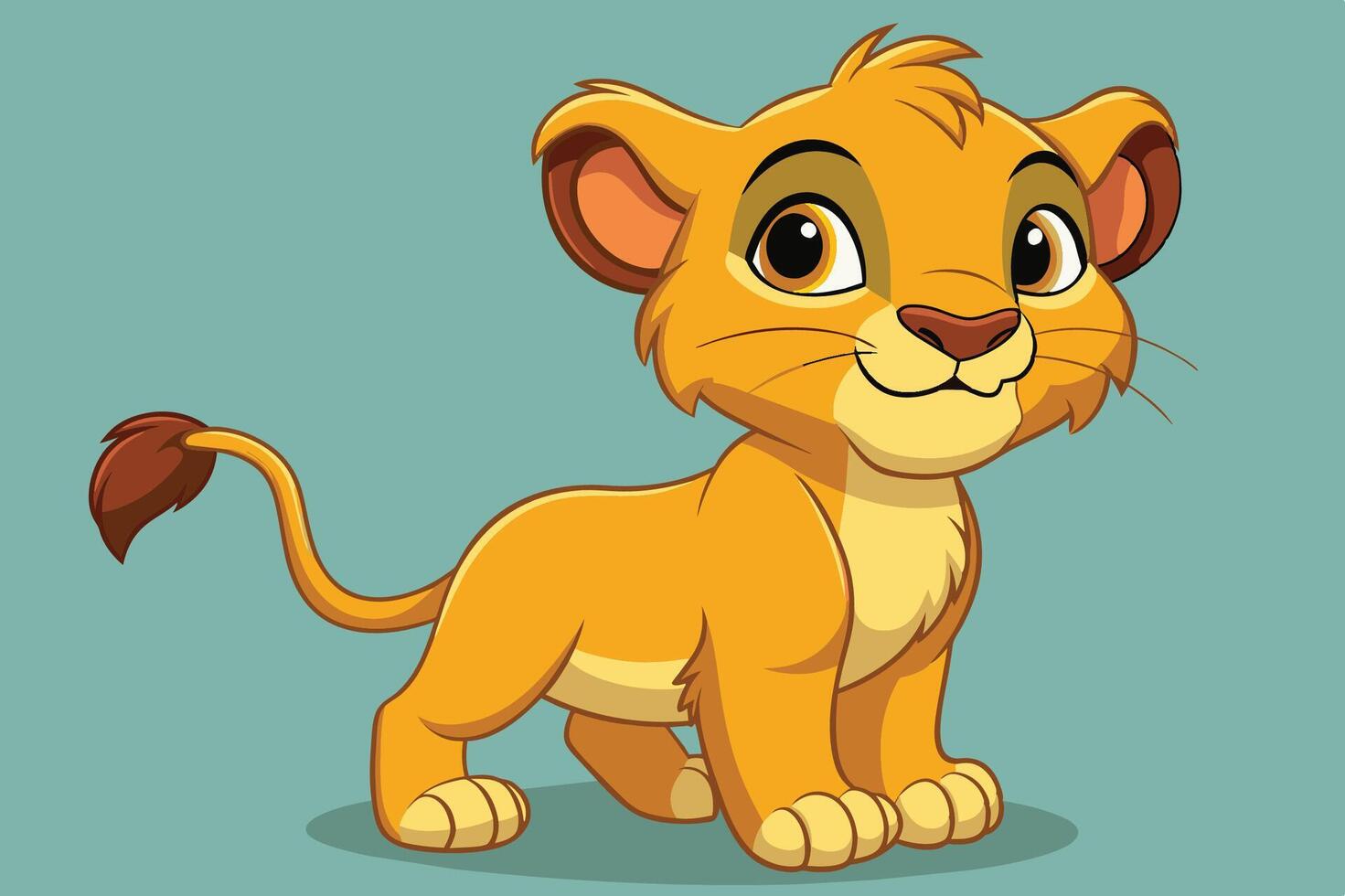 A young, animated lion cub character playfully poses against a bright blue background in a charming and vibrant illustration vector