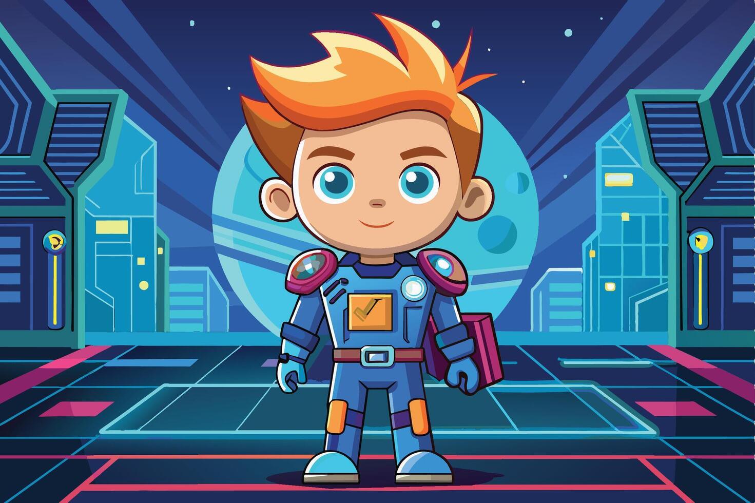 A young boy confidently holds a gadget in a futuristic city with colorful spacecraft and tall structures under a starry sky vector