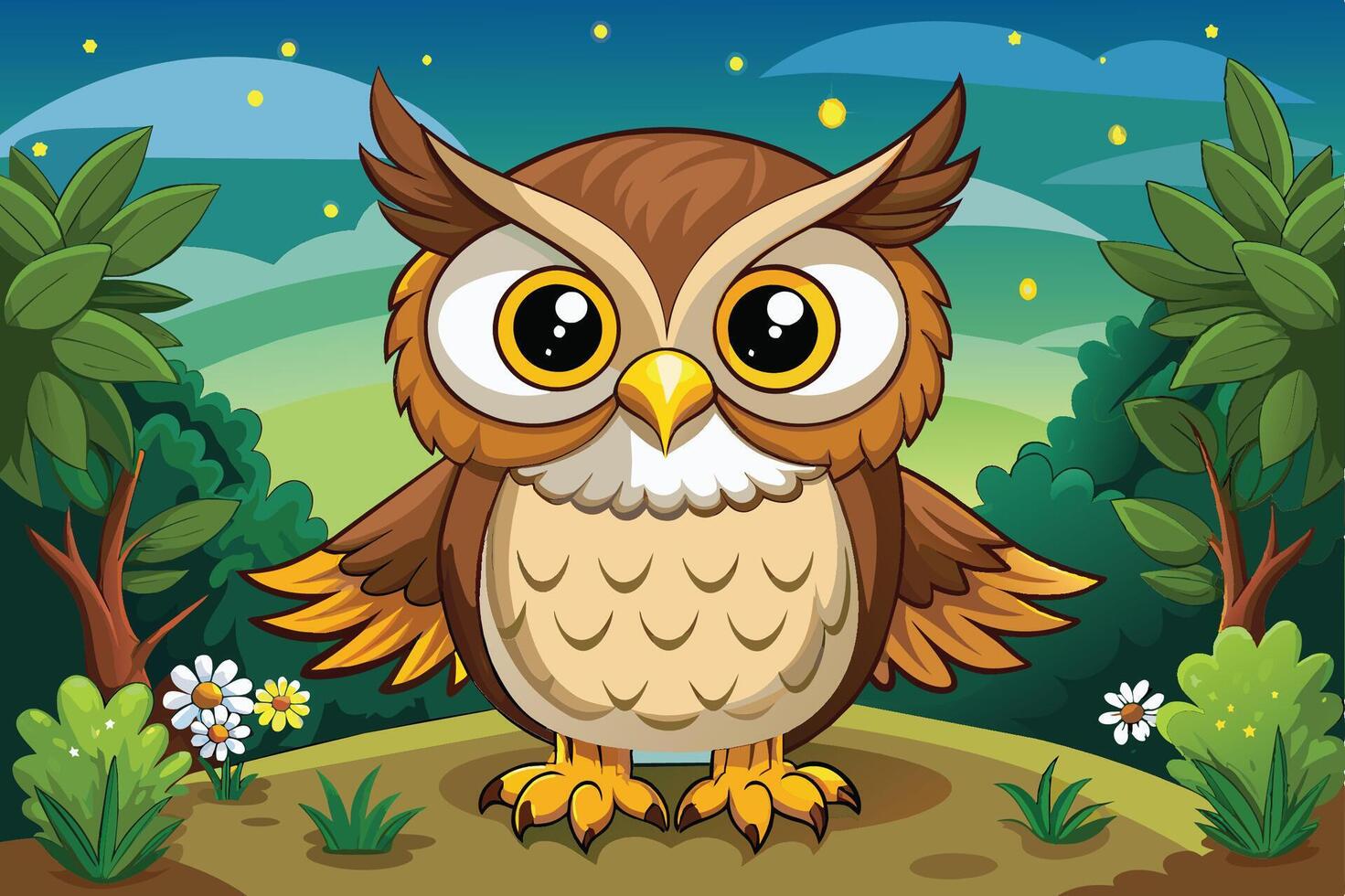 A whimsical cartoon owl stands in a lush green landscape with a warm yellow sky during the day, showcasing its large eyes and vibrant feathers vector
