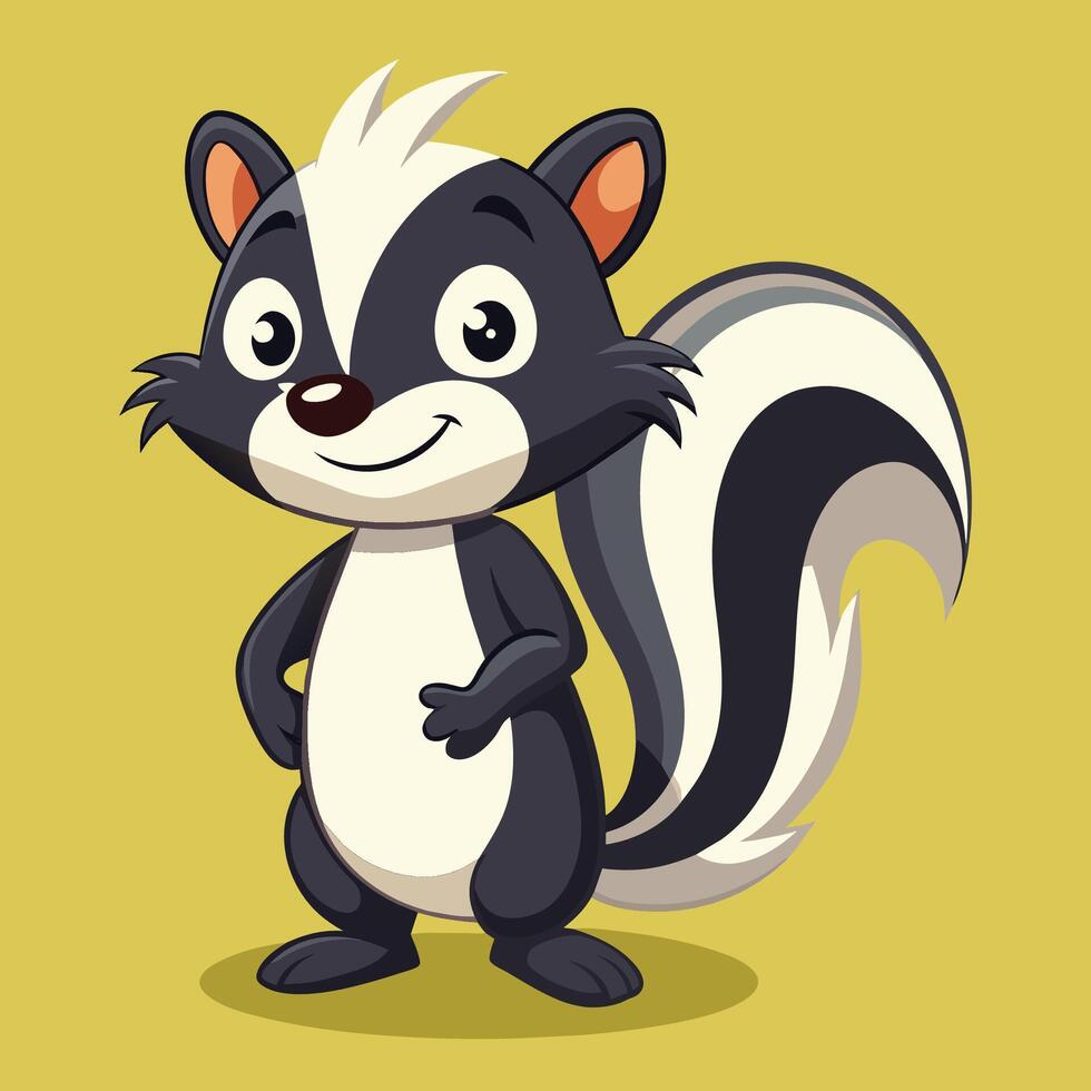 Cute cartoon skunk character with a friendly expression in a light green background, vector