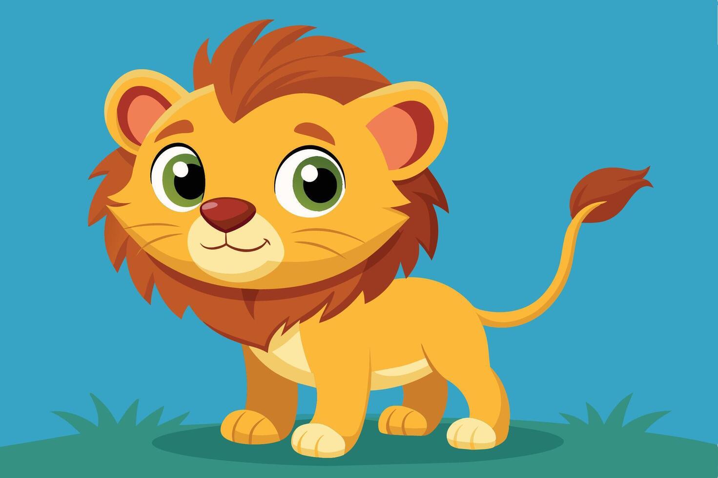 Cute cartoon lion character standing on grassy ground with a bright blue background and a friendly expression vector