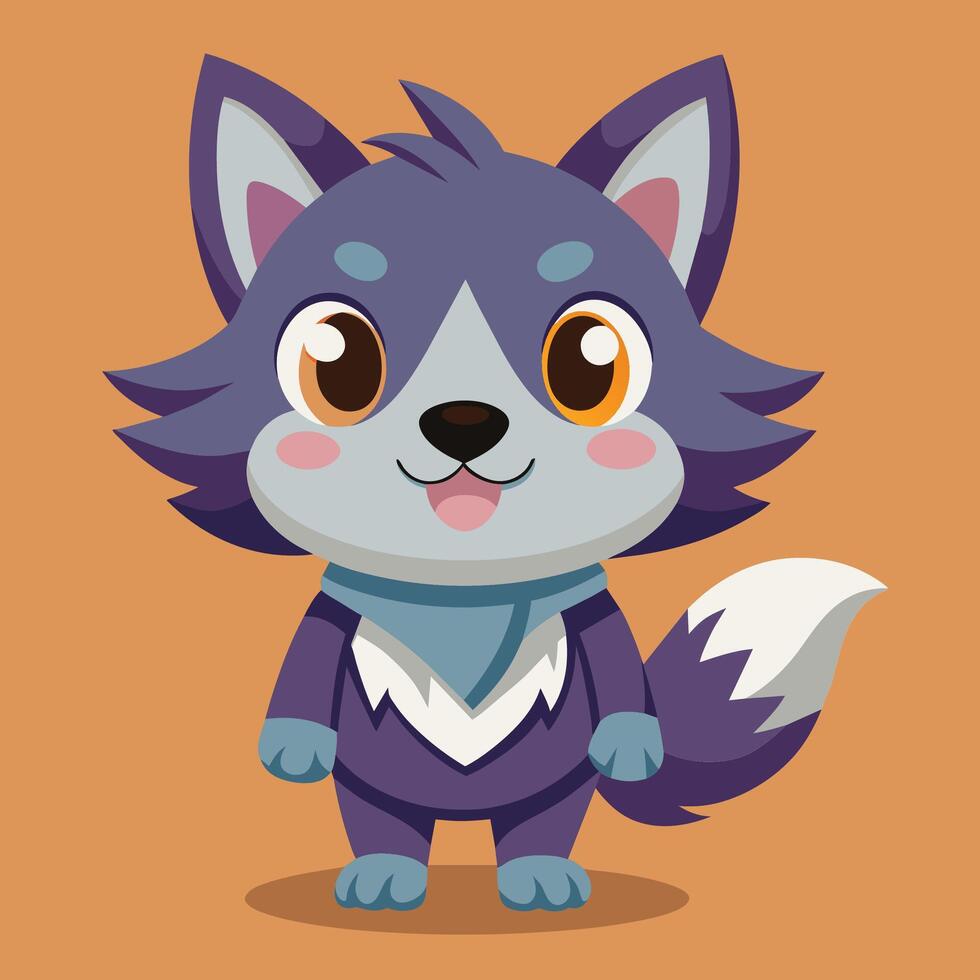 A cheerful cartoon wolf with big eyes and a fluffy tail sitting against a light blue background, showcasing a playful expression and cute features vector