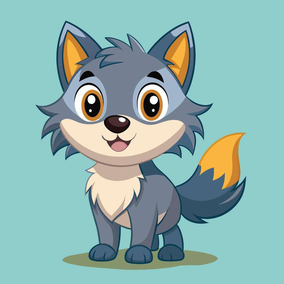 Cute cartoon wolf character standing happily on green grass with a friendly expression in a vibrant animated style vector