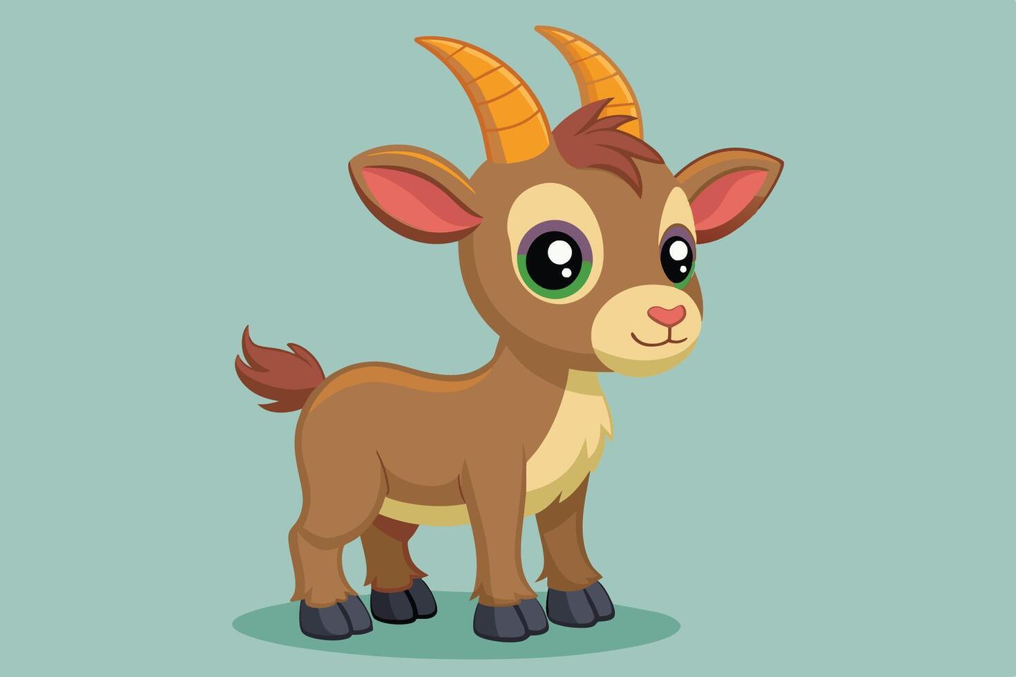 Cute cartoon goat character standing on a green patch against a light yellow background in an animated style vector