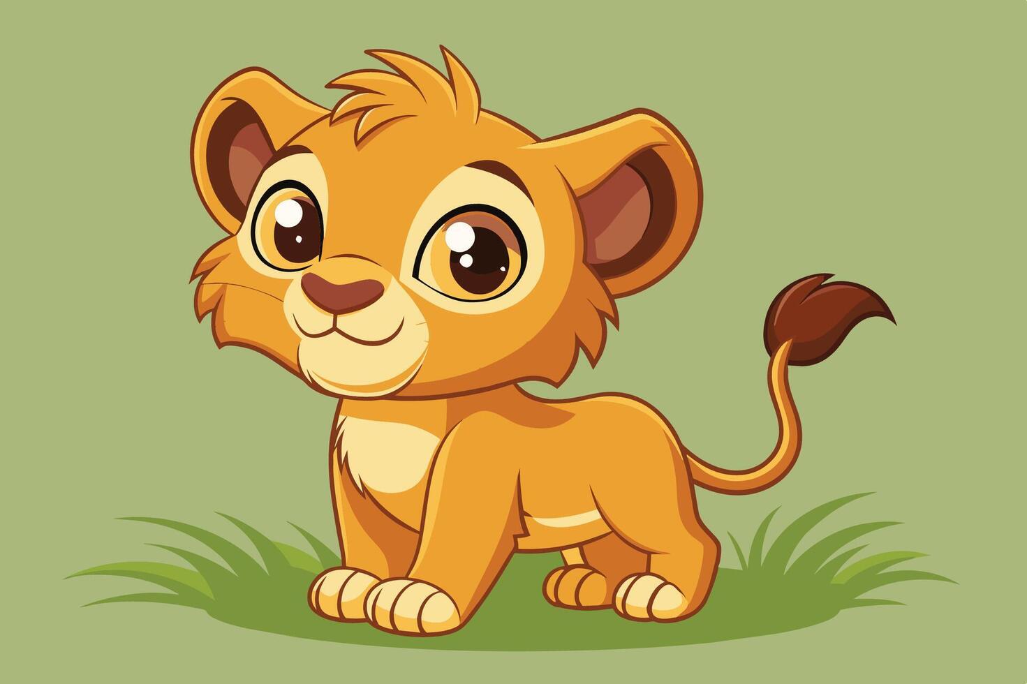 A playful cartoon lion cub sits on green grass, showcasing its cute features and friendly expression in a charming illustration vector