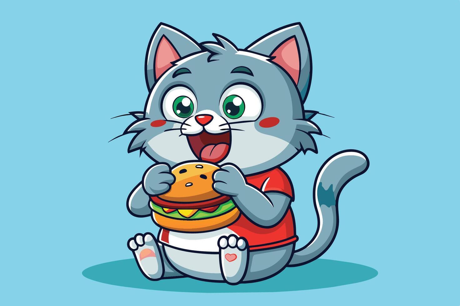 A cheerful cartoon cat sitting on the floor, happily holding a delicious hamburger with a bright blue background vector