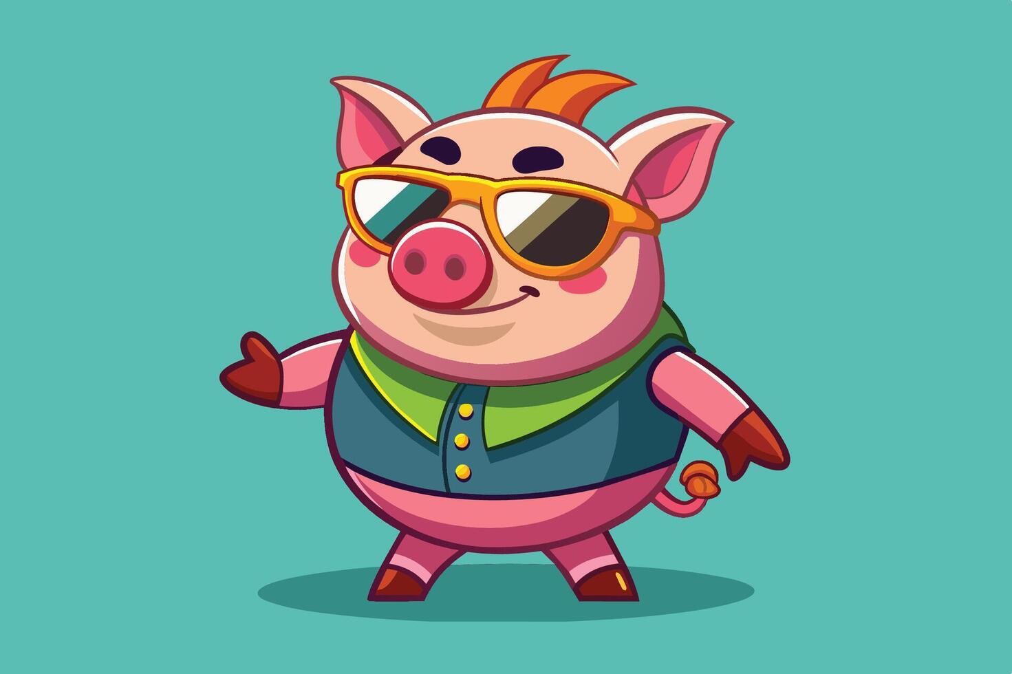 Playful cartoon pig character in sunglasses showing enthusiasm against a bright turquoise background vector