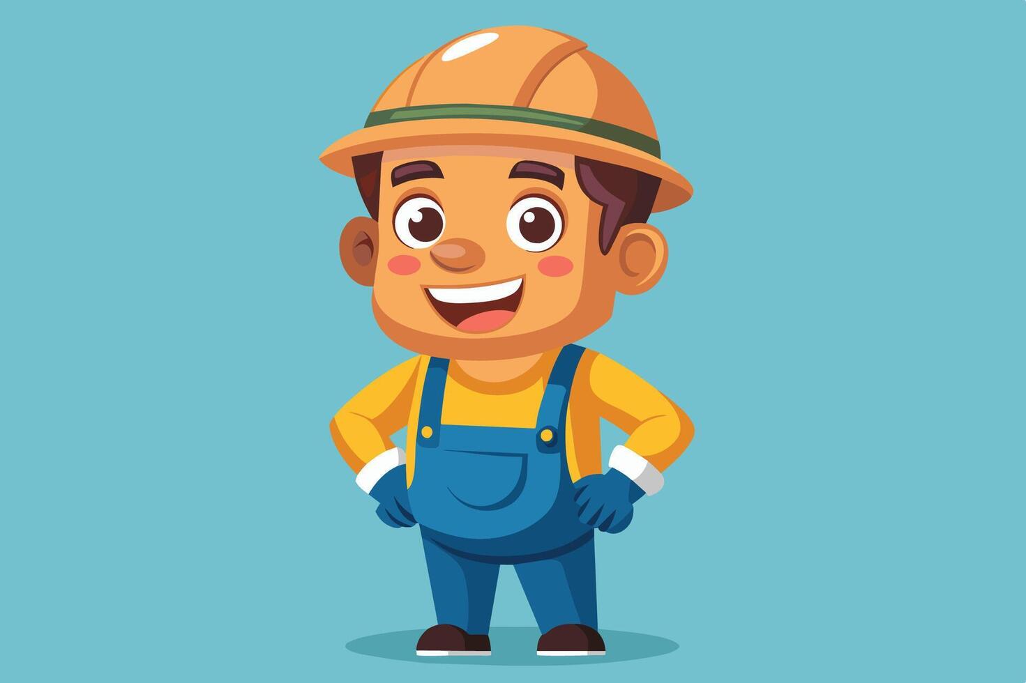 A cheerful cartoon character in a hard hat and overalls, ready for construction work with a bright smile and a blue background vector