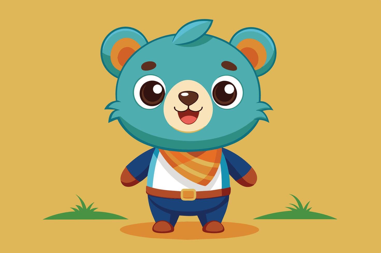 A cute blue bear character in a vibrant outfit stands against a simple green background, showcasing charming cartoon style and friendly expression vector