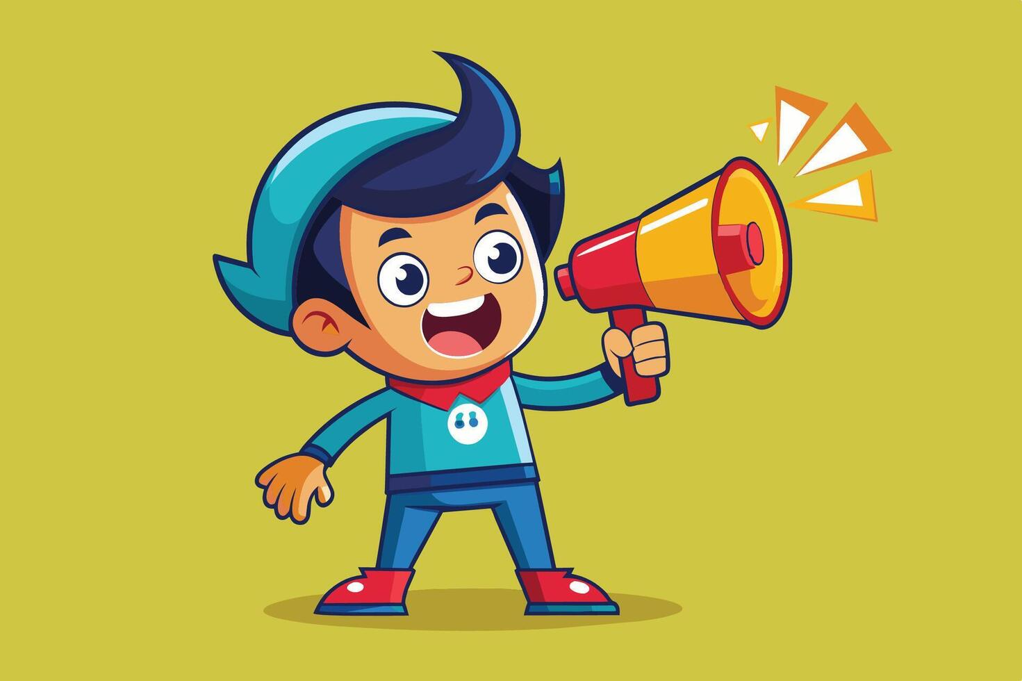 A cheerful cartoon character excitedly using a megaphone to announce something important in a lively, playful manner vector