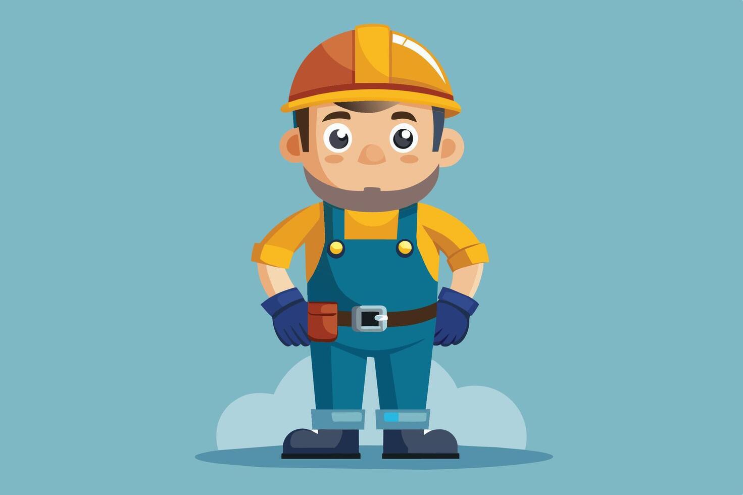 Confident cartoon construction worker in a hard hat, gloves, and overalls on a blue background, exuding readiness and safety vector