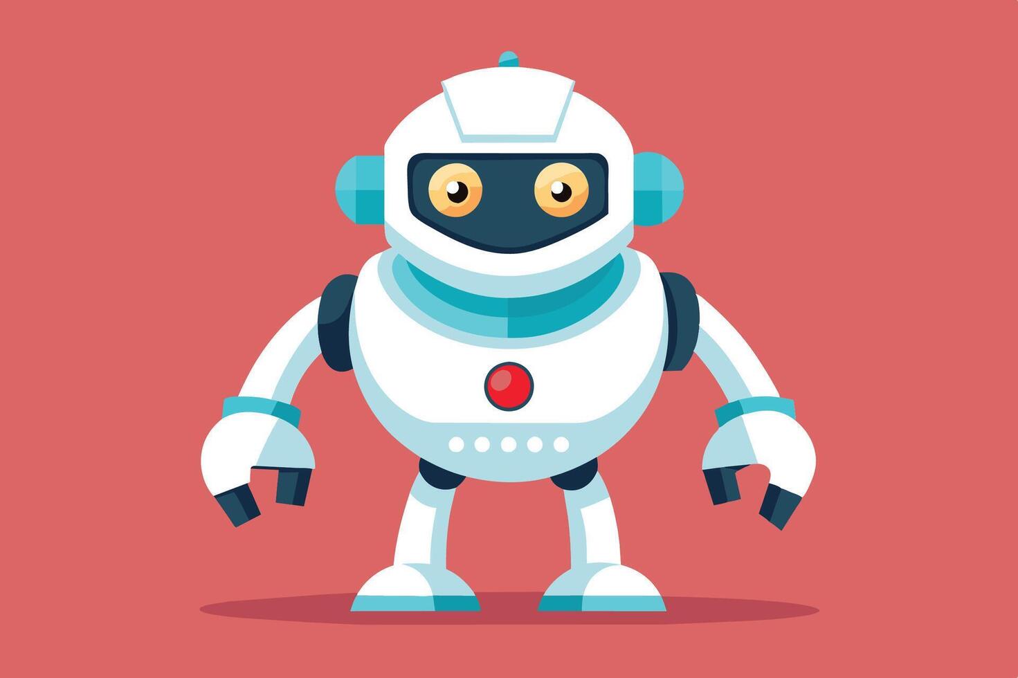 Friendly cartoon robot standing against a bright red background, showcasing its cheerful design and features with oversized eyes and blue accents vector