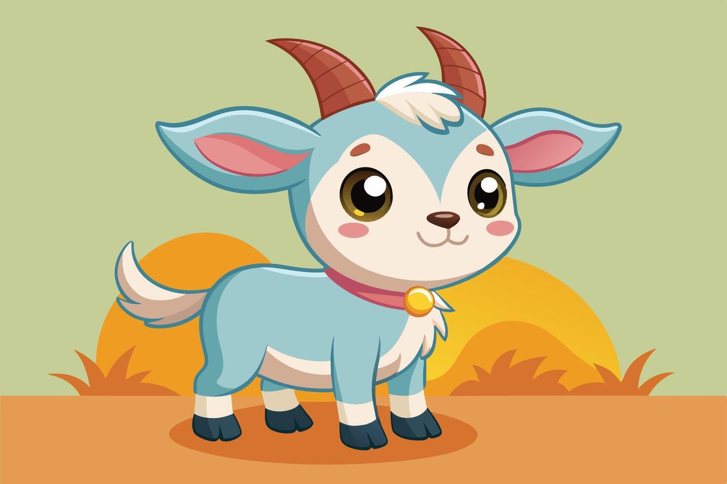 Cute cartoon goat on green grass, happily standing under a bright sky vector