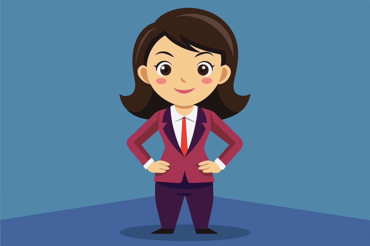 A confident businesswoman stands with her hands on her hips, ready to engage in teamwork and leadership, against a simple blue background vector
