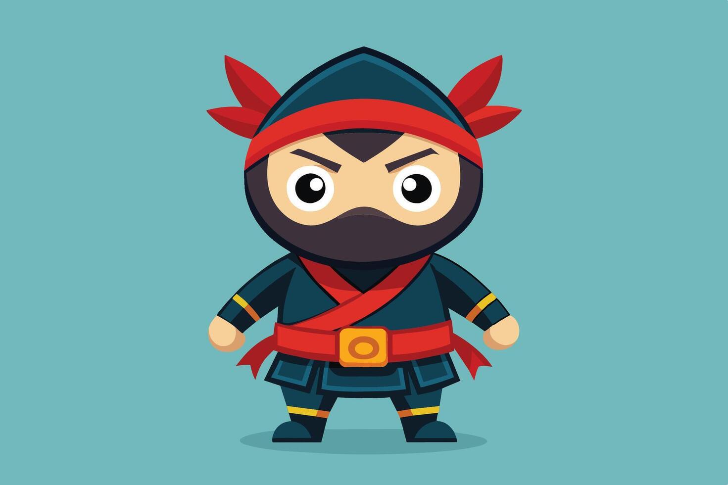 A cartoon ninja character in a black outfit with a red sash and headband standing confidently against a pastel background vector