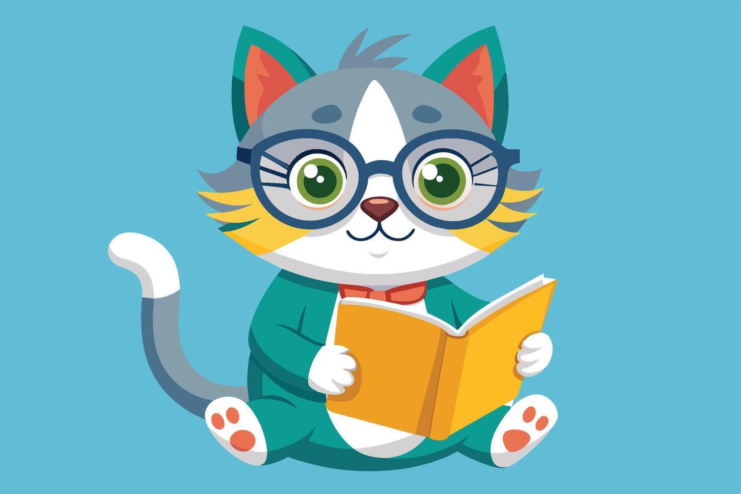 A cute cartoon cat with glasses reading a yellow book, set against a teal background, perfect for children's illustrations or educational materials vector