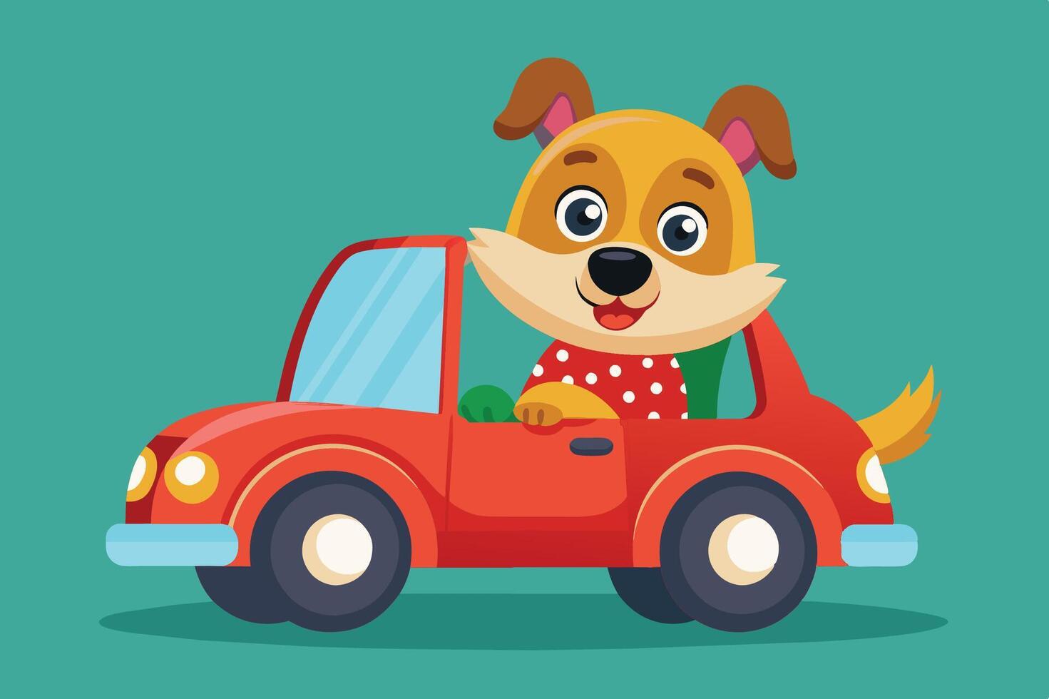 A cheerful dog drives a bright red car, showcasing a playful adventure scene in a fun cartoon style against a vibrant background vector