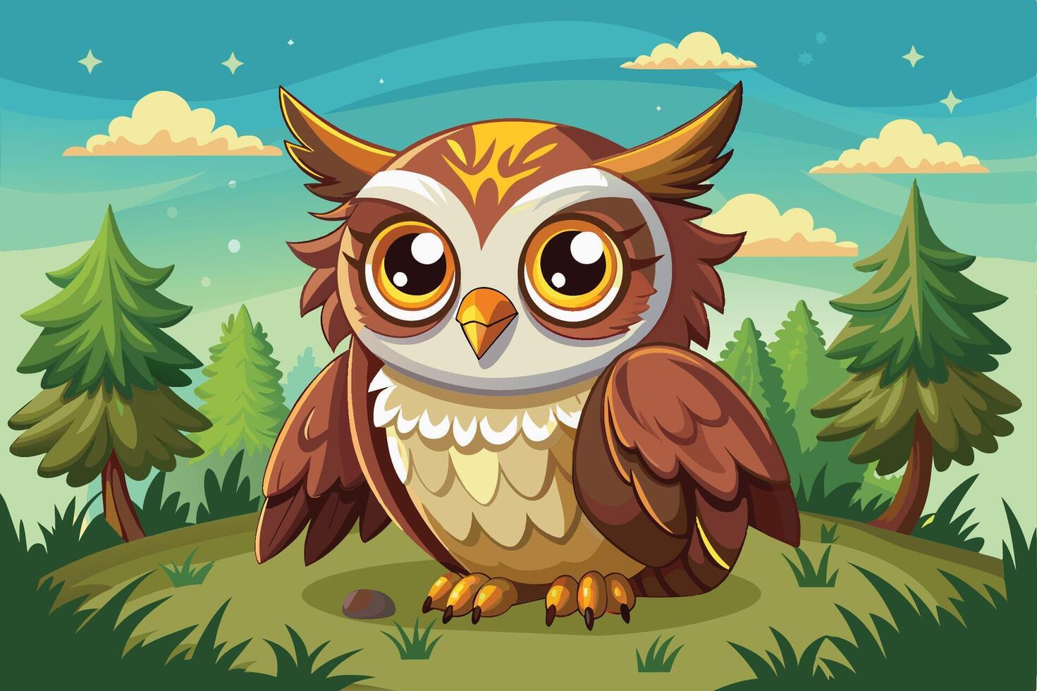Cute cartoon owl standing on a grassy hill surrounded by trees under a bright sky filled with fluffy clouds vector