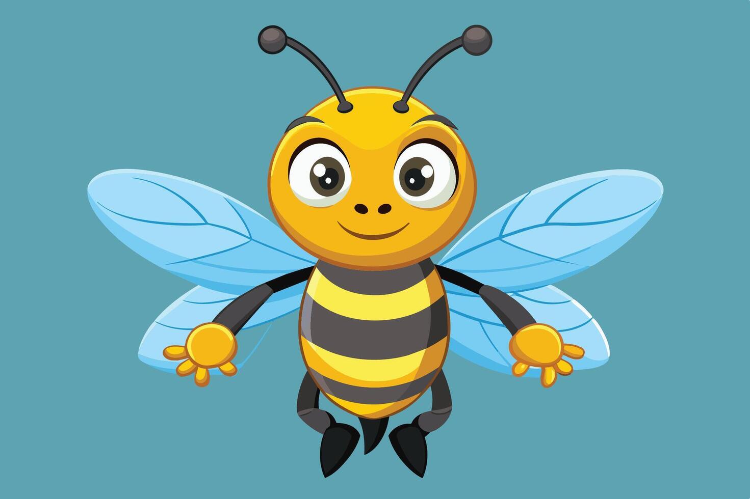Cheerful cartoon bee with big eyes and green wings happily posing with open arms in a vibrant illustration vector