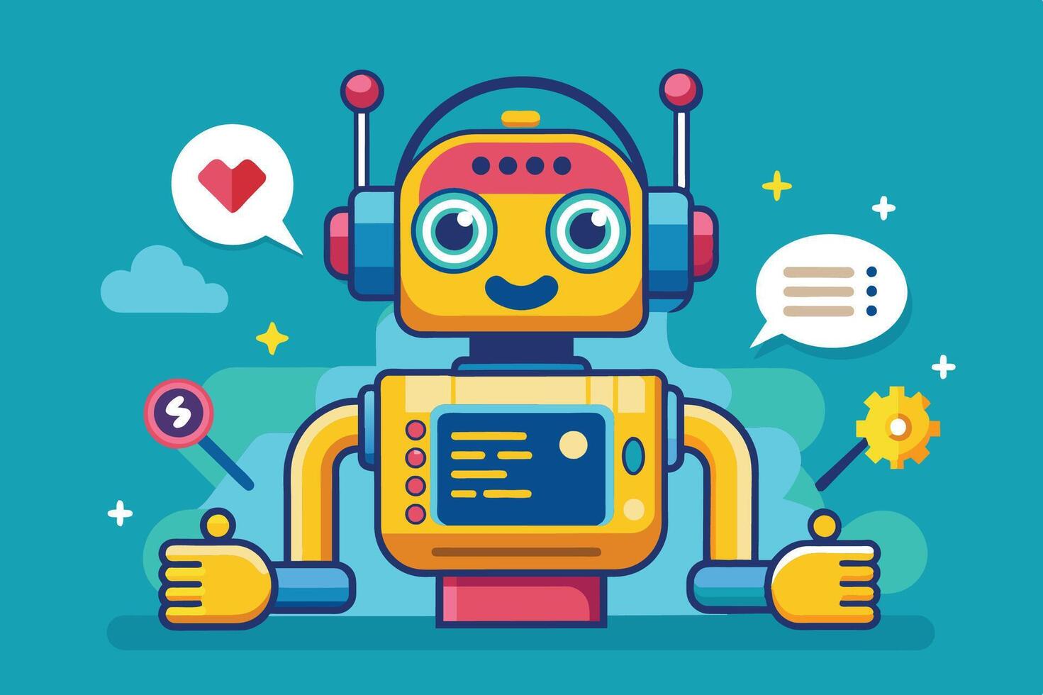 Friendly chatbot character with colorful design and speech bubbles expressing emotions and ideas vector