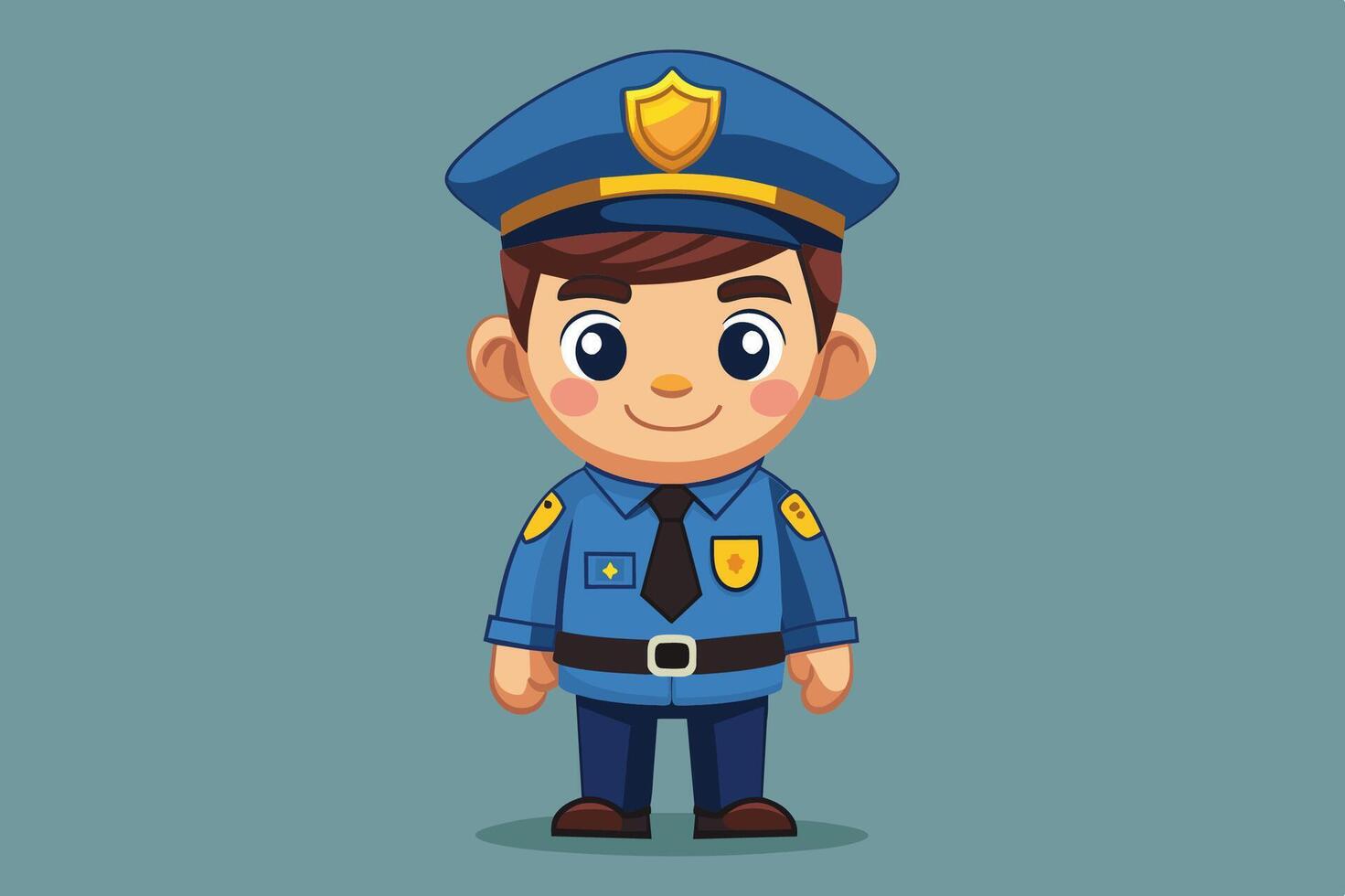 Cartoon cop in blue uniform with a friendly smile, set against a light vector