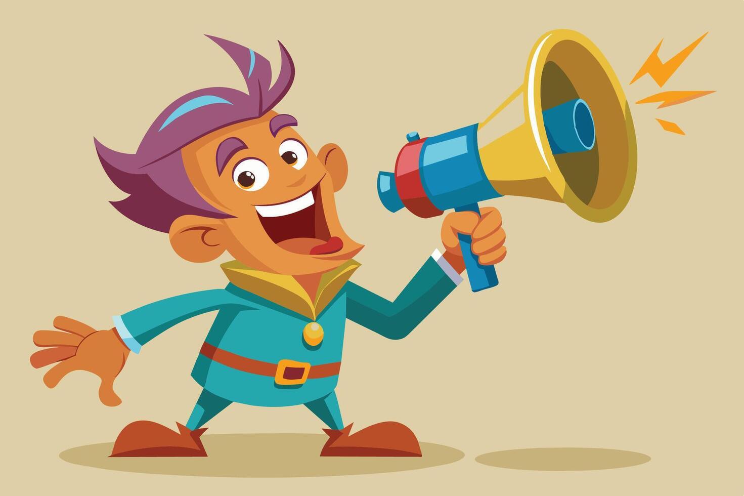 Cheerful cartoon character in a blue outfit using a megaphone to announce news in a cheerful and lively manner vector
