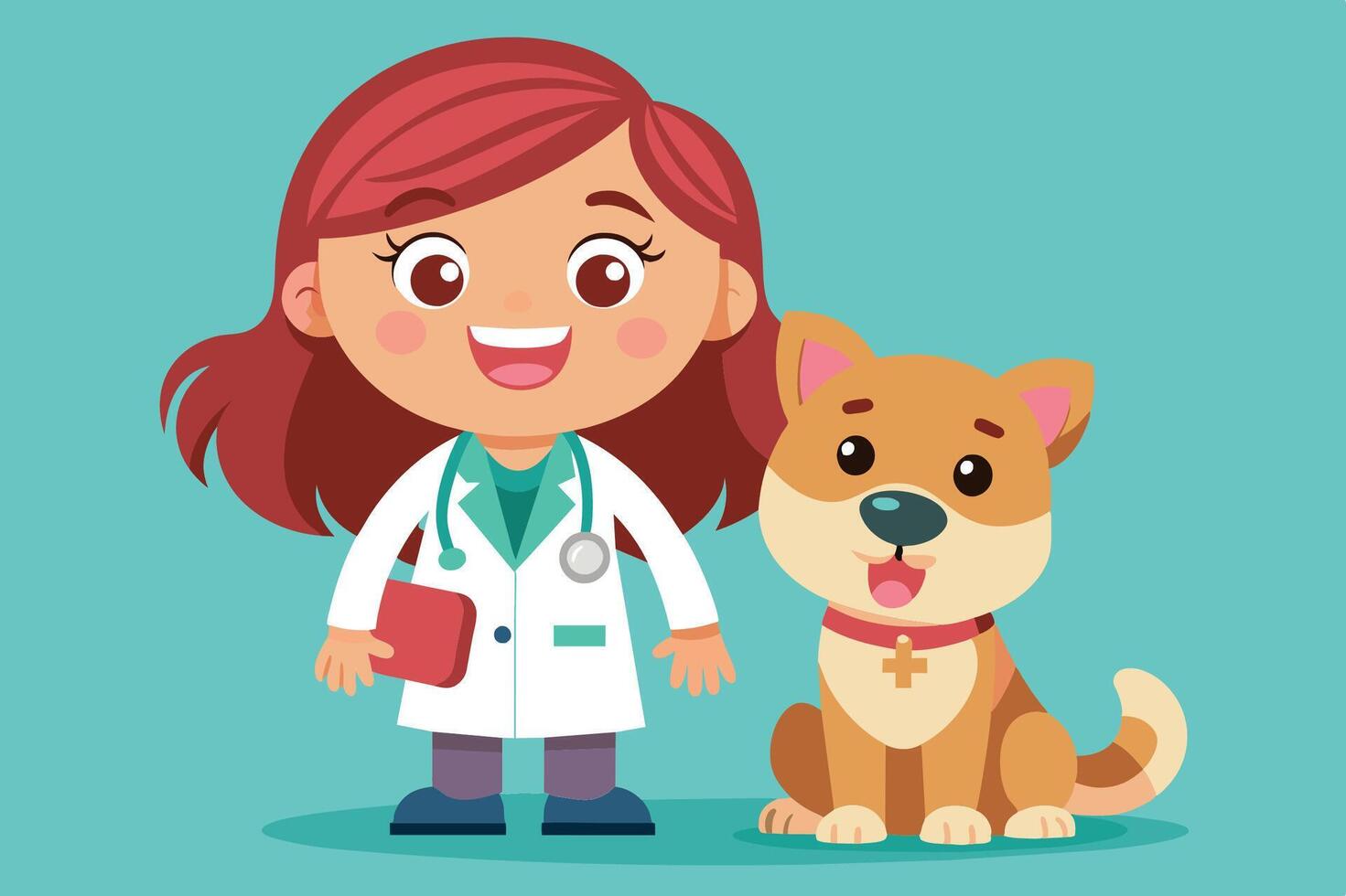 A cheerful veterinarian stands with her friendly dog companion in a bright, playful setting, showcasing a bond of trust and care vector
