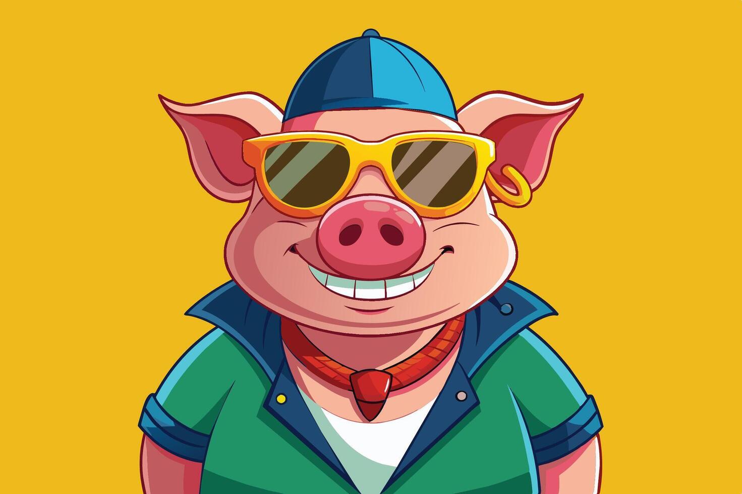 Cool cartoon pig wearing sunglasses and a cap, posing confidently against a bright yellow background in a playful setting vector