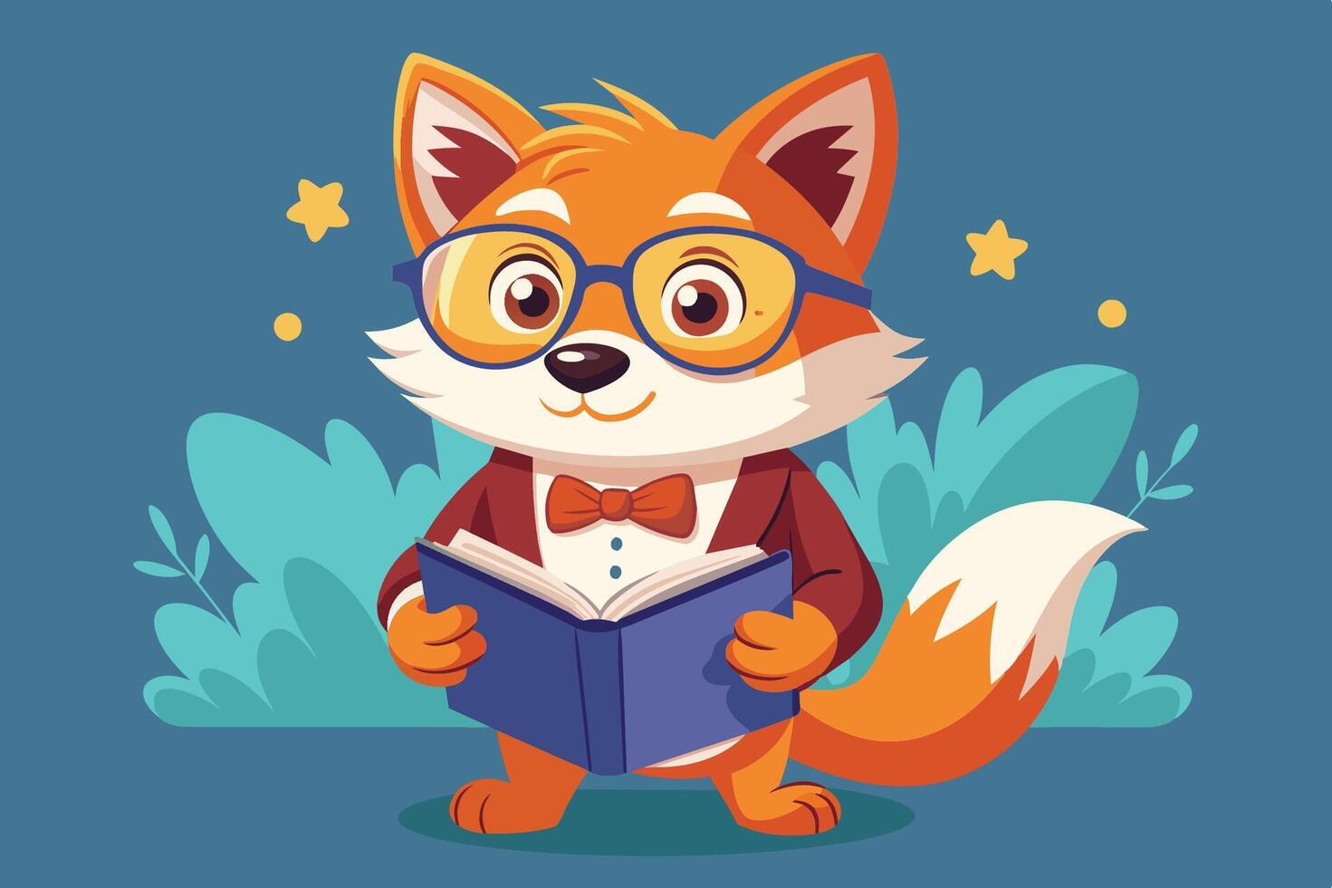 A cheerful cartoon fox wearing glasses enjoys reading a book while sitting against a solid blue background vector