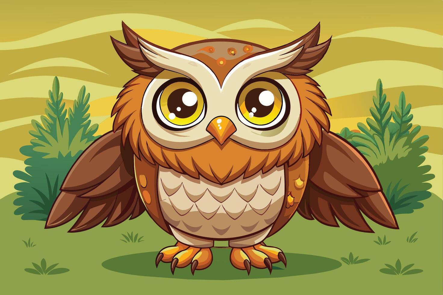 A cute cartoon owl perched on a grassy patch surrounded by trees under a colorful sky during a sunny day vector