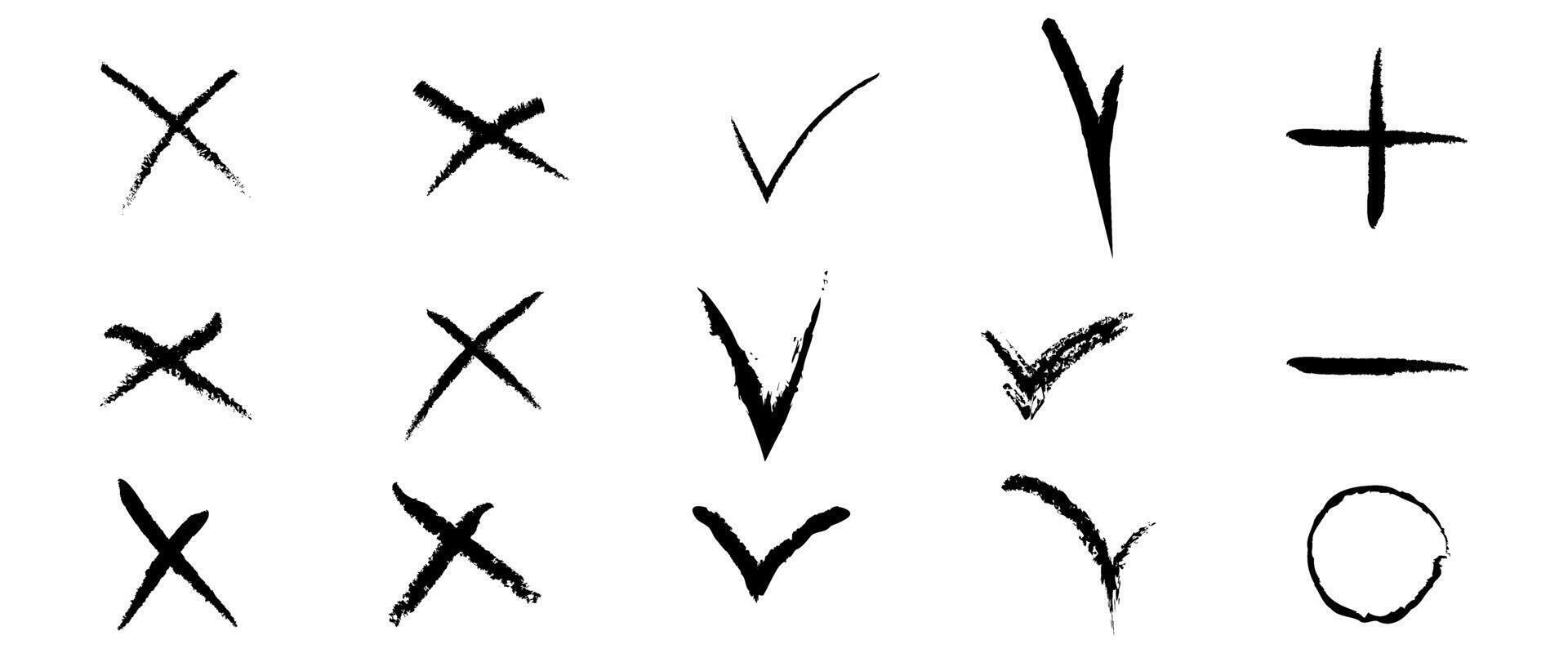Set of red green check marks doodle icons with brush strokes styles. Grainy, grungy, dusty, rusty, or dirty textured symbol. Yes or no sign. Hand drawn graffiti elements vector