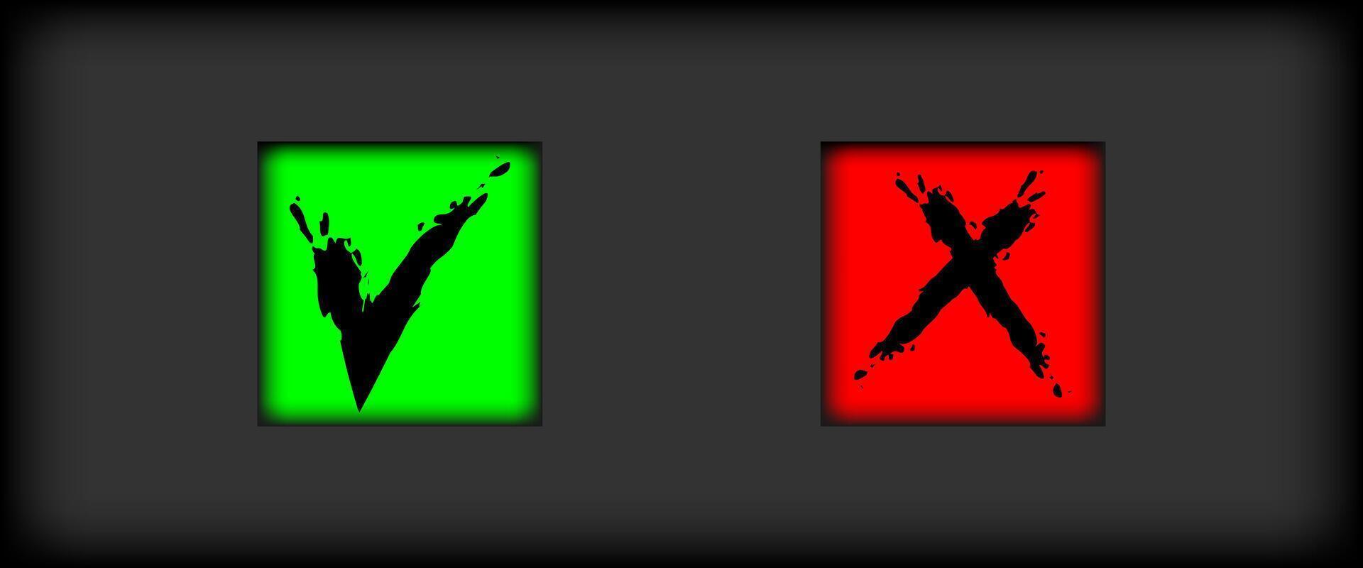 Grainy, grungy, dusty, rusty, or dirty textured symbol. Yes or no sign. Hand drawn graffiti elements for checkbox vector