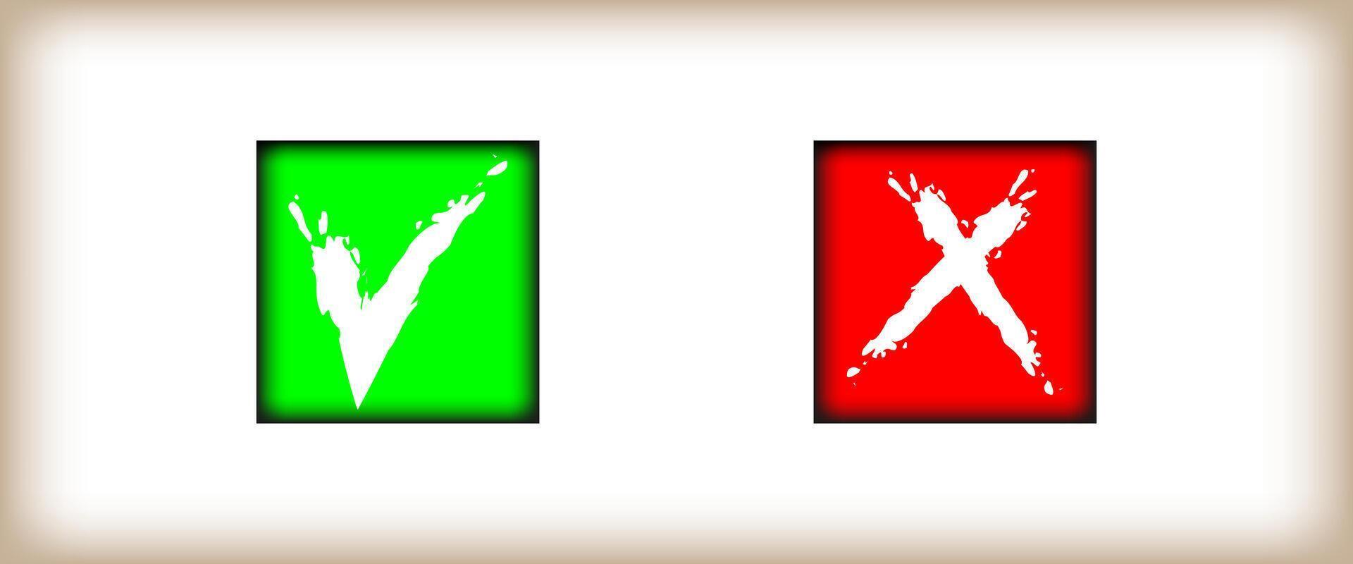 red green check marks doodle icons with brush strokes styles. vector