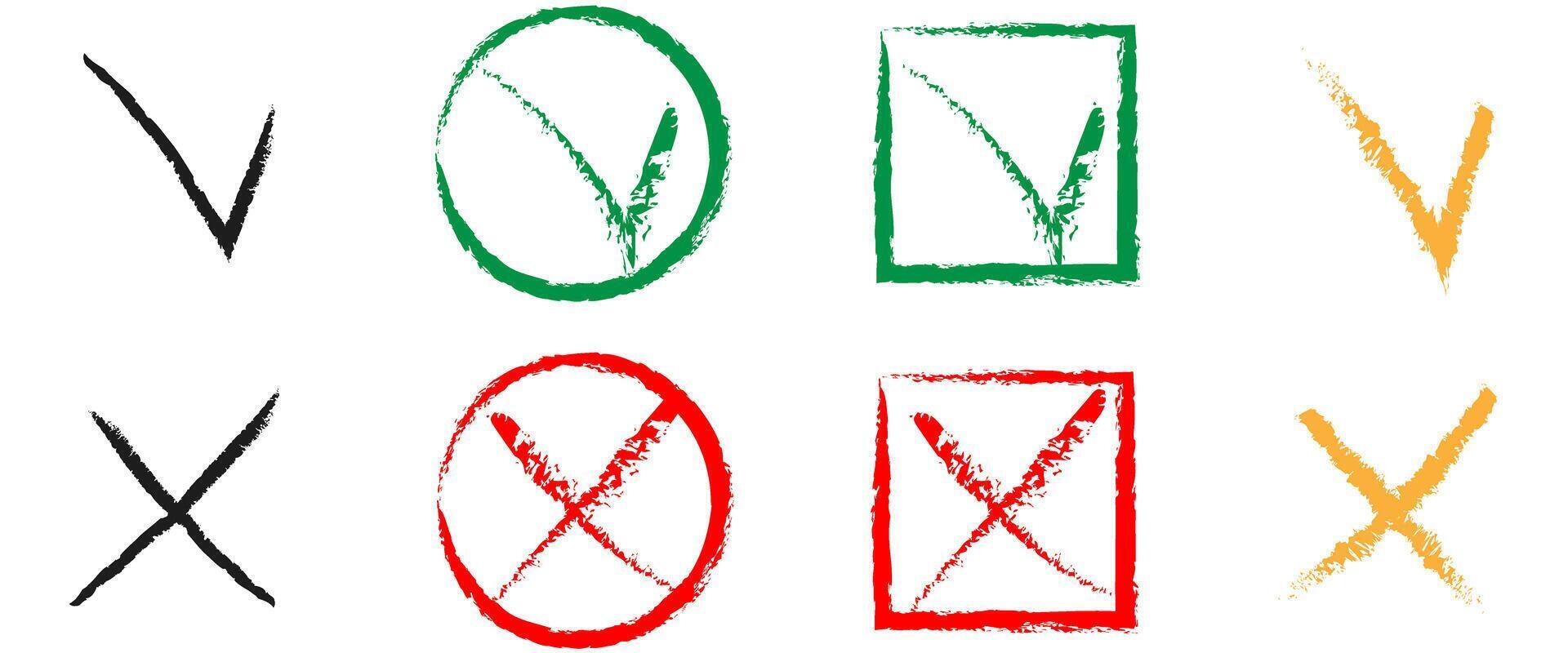 Set of red green check marks doodle icons with brush strokes styles. Grainy, grungy, dusty, rusty, or dirty textured symbol. Yes or no sign. vector
