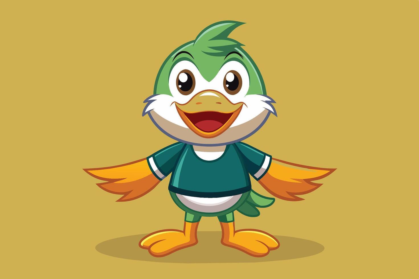 Cheerful cartoon duck character in a green jersey with vibrant colors standing against a simple yellow background, perfect for children's themes vector