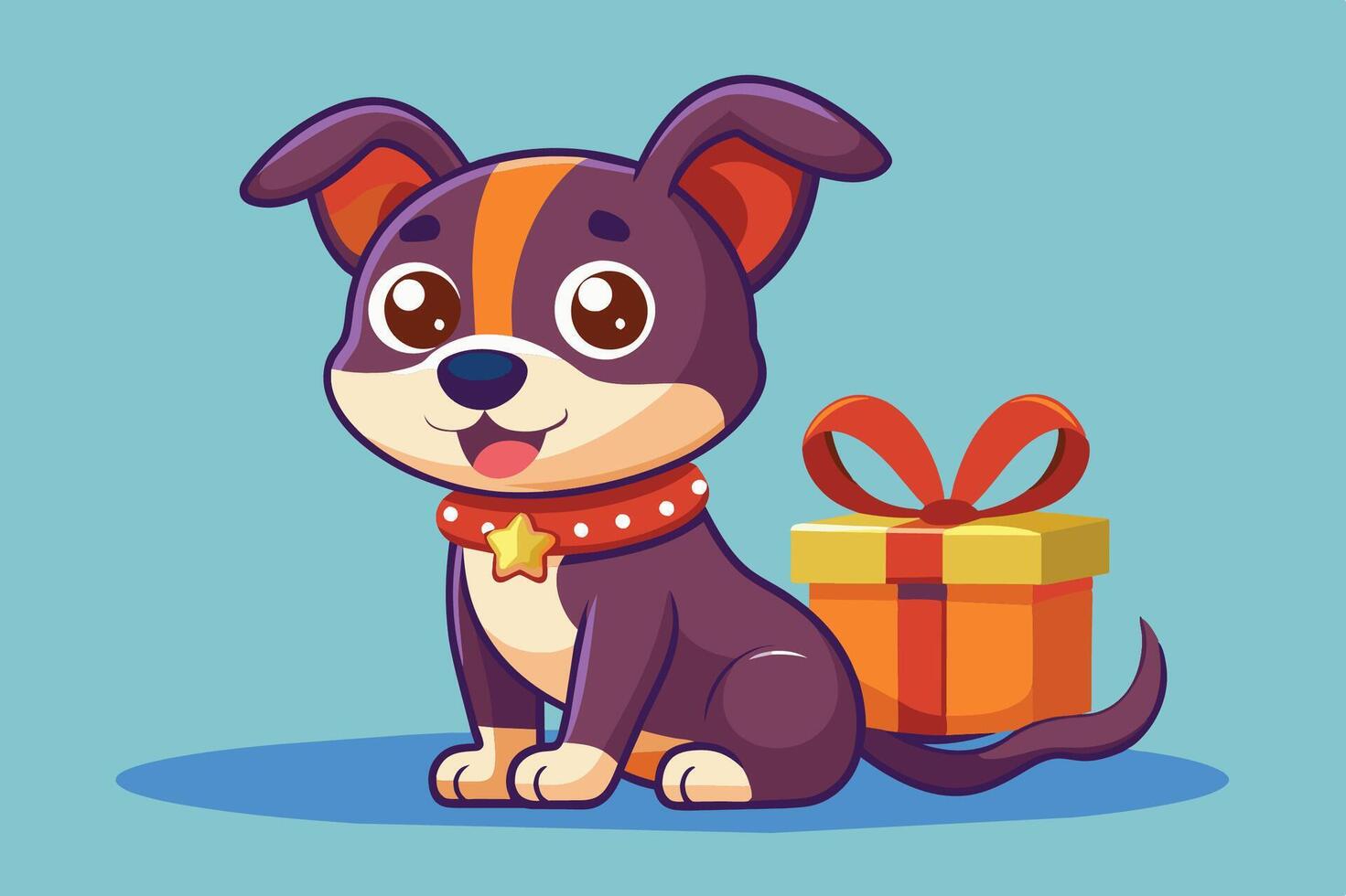 Cute cartoon puppy with a colorful gift box on a light blue background, showcasing a joyful celebration vibe suitable for various occasions vector