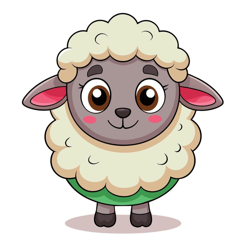 Cute cartoon sheep standing on a green background, showcasing its fluffy white and yellow wool coat with bright, expressive eyes vector