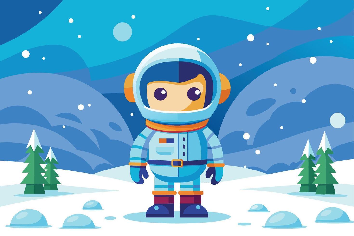 A cheerful astronaut explores a snowy alien landscape under a starry sky on a distant planet during winter vector