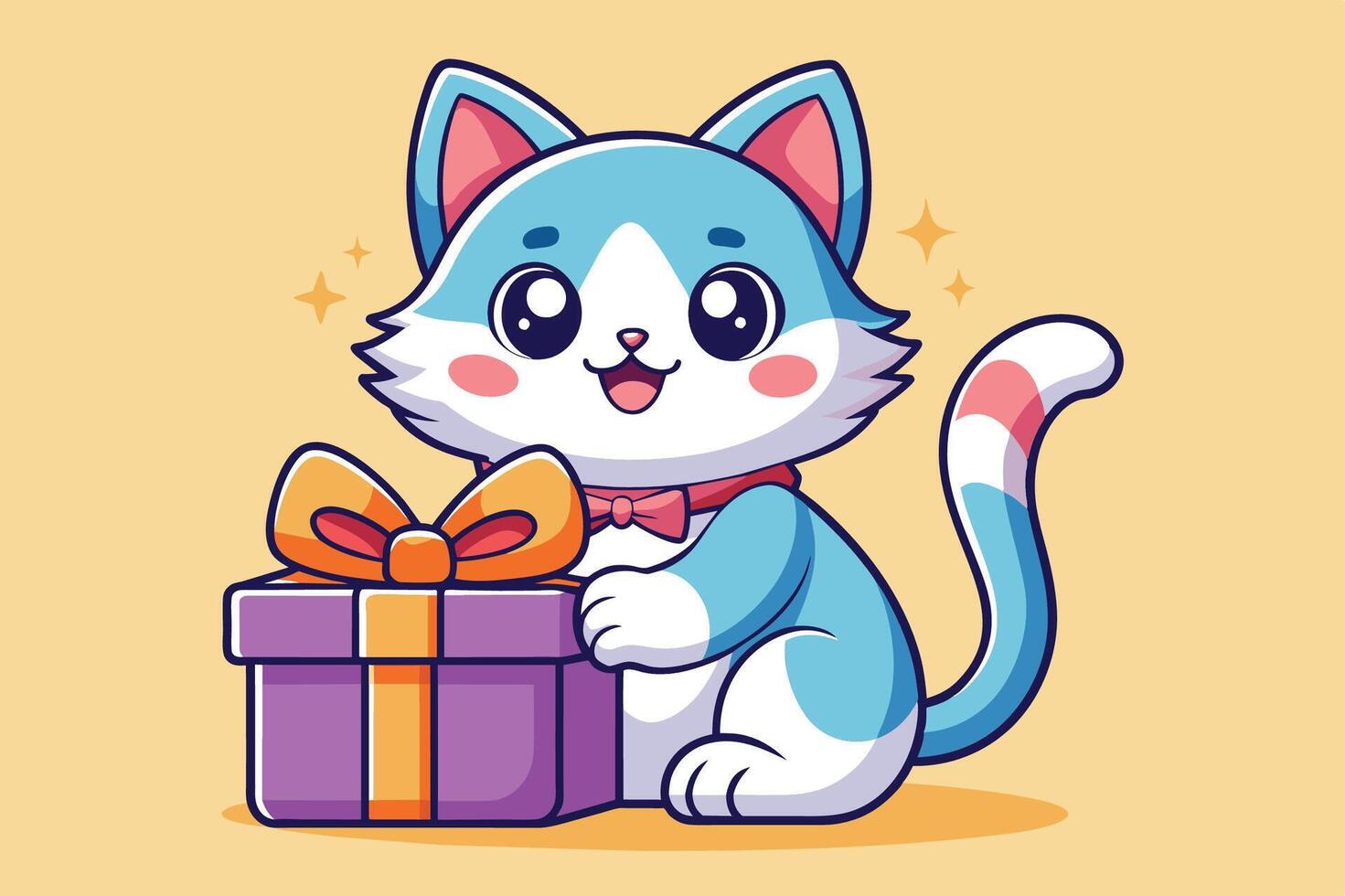 A cheerful cat with a bowtie sitting beside a purple gift box and smiling brightly in a playful cartoon style vector