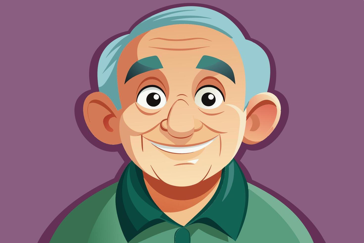 A cheerful elderly man with gray hair and a warm smile, wearing a dark green shirt against a purple background vector