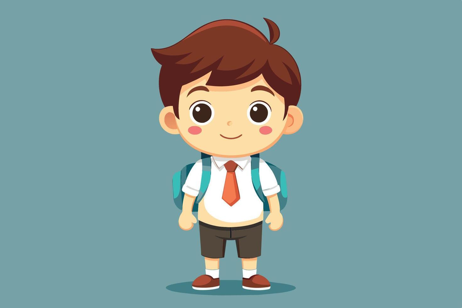 Cheerful young schoolboy in a white shirt and tie with backpack ready for class in a colorful cartoon style vector