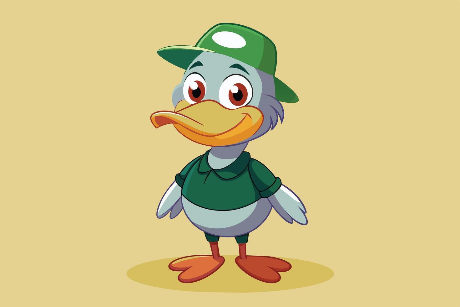 A cheerful cartoon duck wearing a green shirt and hat stands confidently with a friendly expression on a light yellow background vector