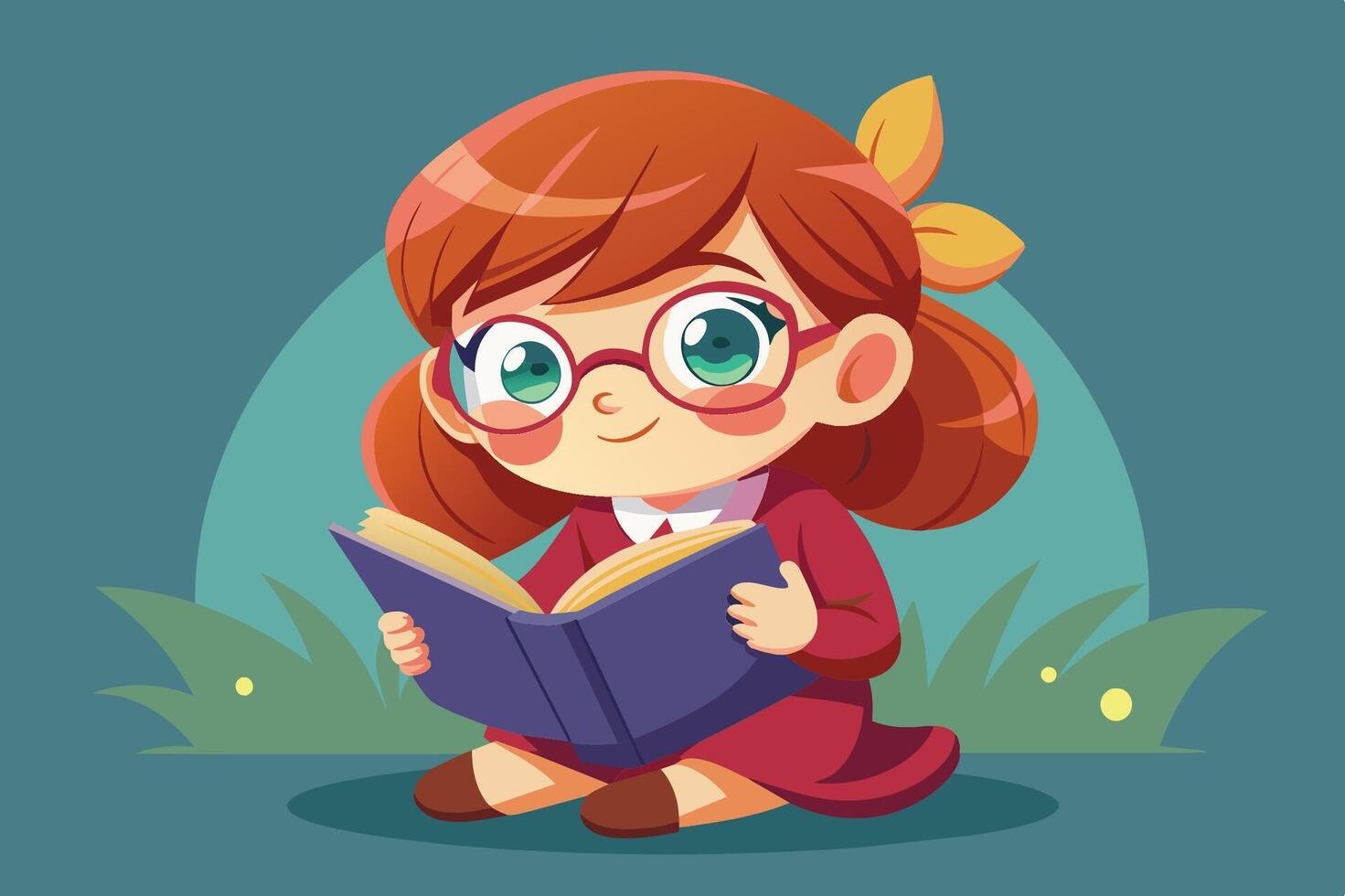 A young girl with glasses reading a book while sitting on the grass in a lush green park with a calm backdrop vector